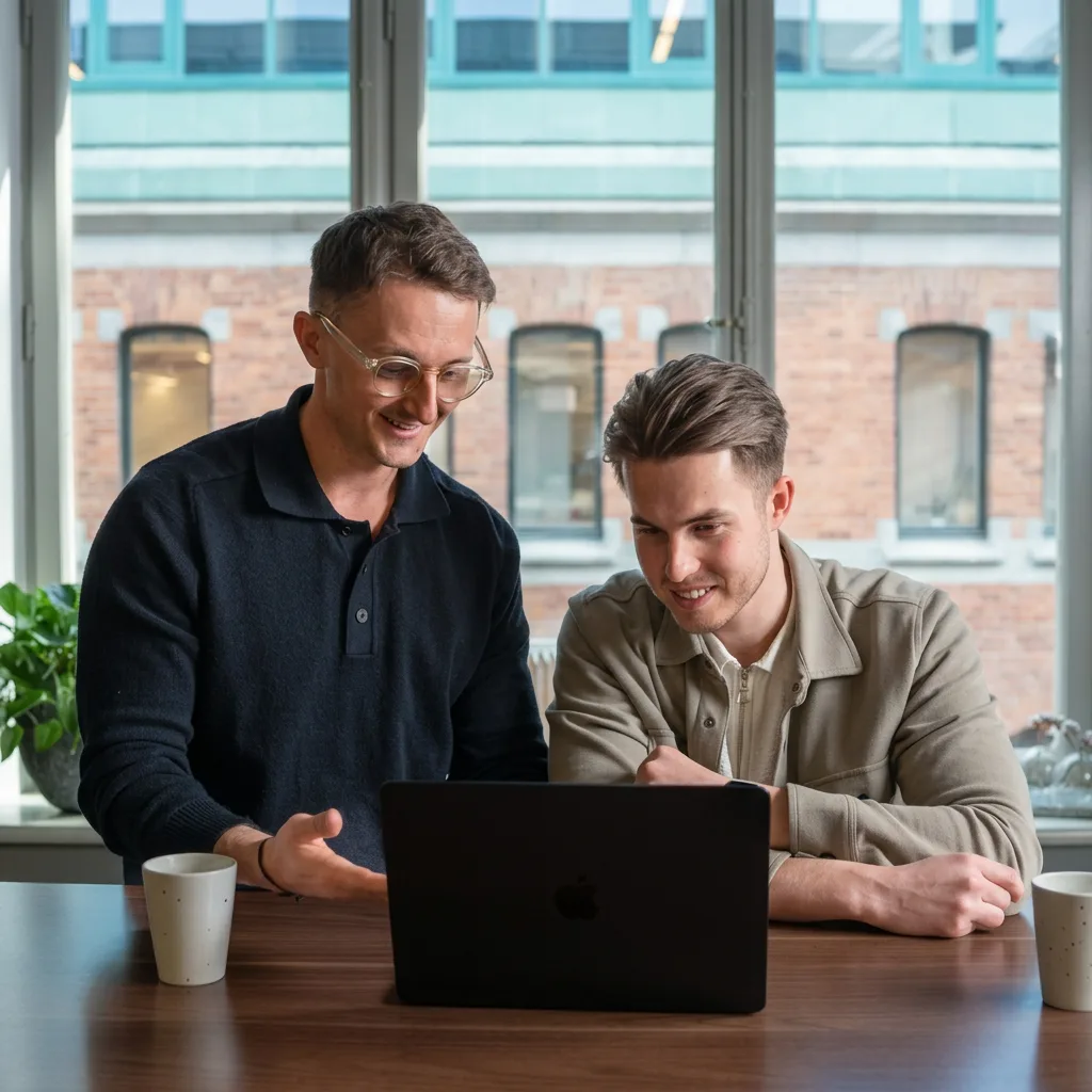 Marcus Bergsman och en kollega arbetar tillsammans på HEY CYBR:s kontor i Sickla